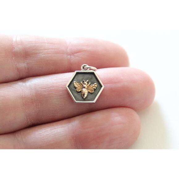 Sterling Silver Hexagon Charm with Bronze Bee - Picture 1 of 2